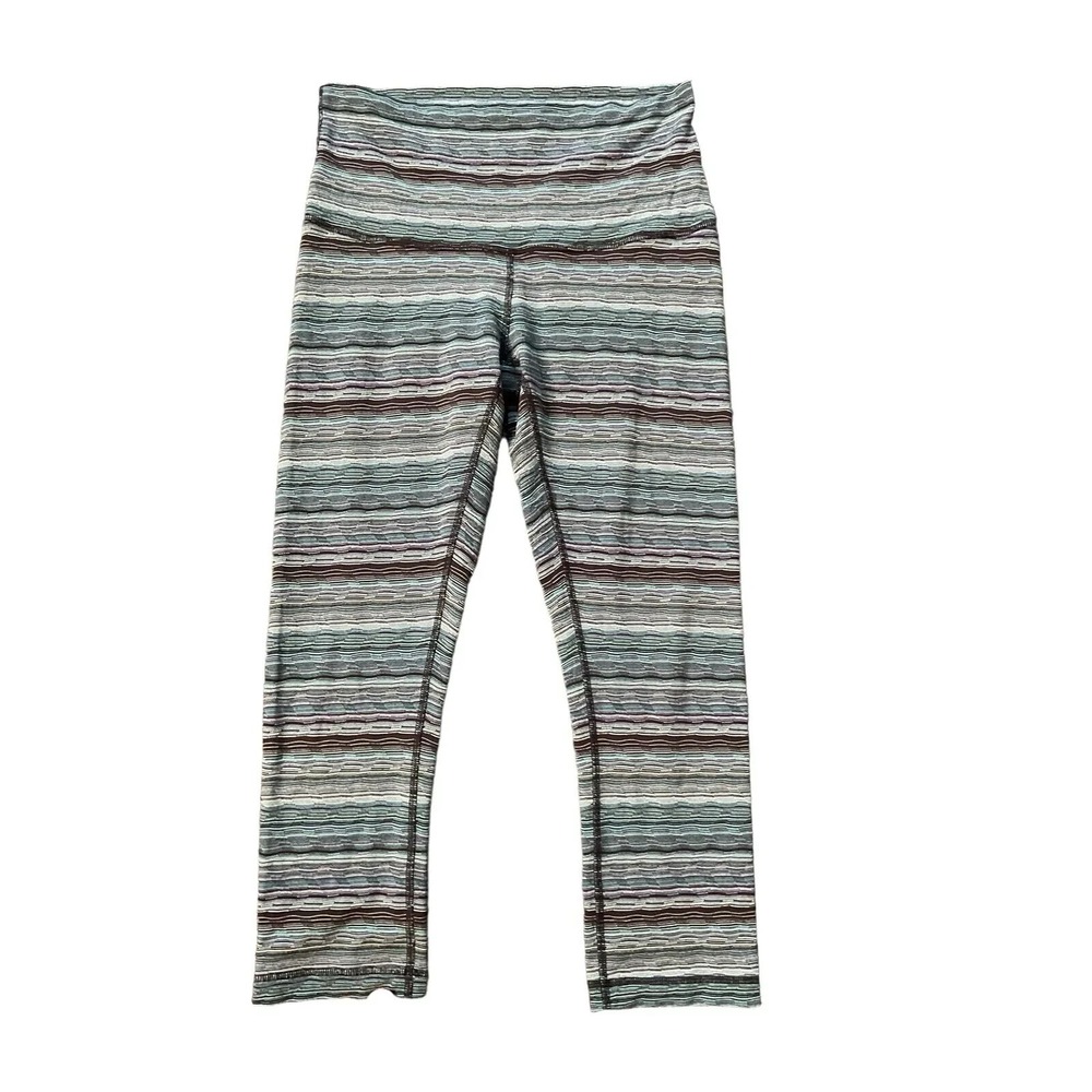 Lululemon Wunder Under‎ Green/Blue Space Dye Stripe Crop/Ankle Leggings Women 8